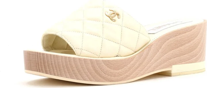CHANEL Women's Open Toe Platform Sandals Quilted Leather and Wood
