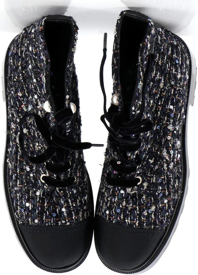 CHANEL Women's Pearl Cap Toe Lace Up Combat Boots Sequin Embellished Tweed - Image 2