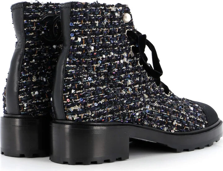 CHANEL Women's Pearl Cap Toe Lace Up Combat Boots Sequin Embellished Tweed - Image 3