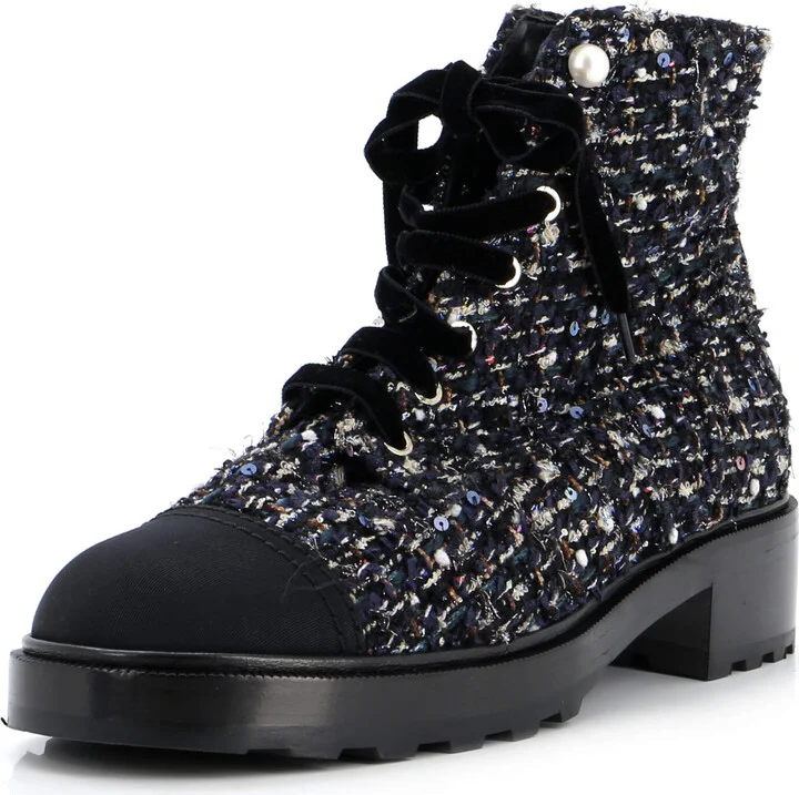 CHANEL Women's Pearl Cap Toe Lace Up Combat Boots Sequin Embellished Tweed