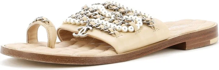 CHANEL Women's Pearl Chain Slipper Sandals Leather with Metal and Faux Pearls - Image 2
