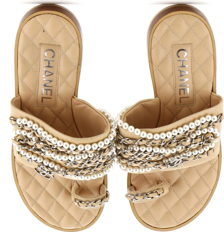 CHANEL Women's Pearl Chain Slipper Sandals Leather with Metal and Faux Pearls - Image 3