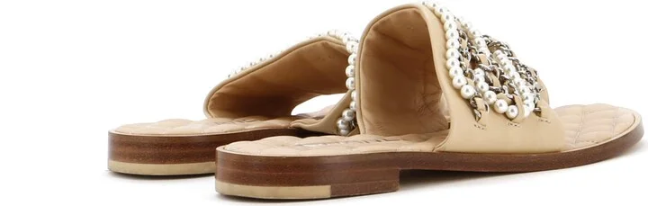 CHANEL Women's Pearl Chain Slipper Sandals Leather with Metal and Faux Pearls - Image 5