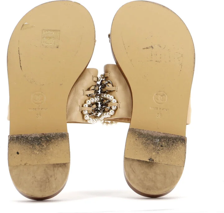 CHANEL Women's Pearl Chain Slipper Sandals Leather with Metal and Faux Pearls - Image 7