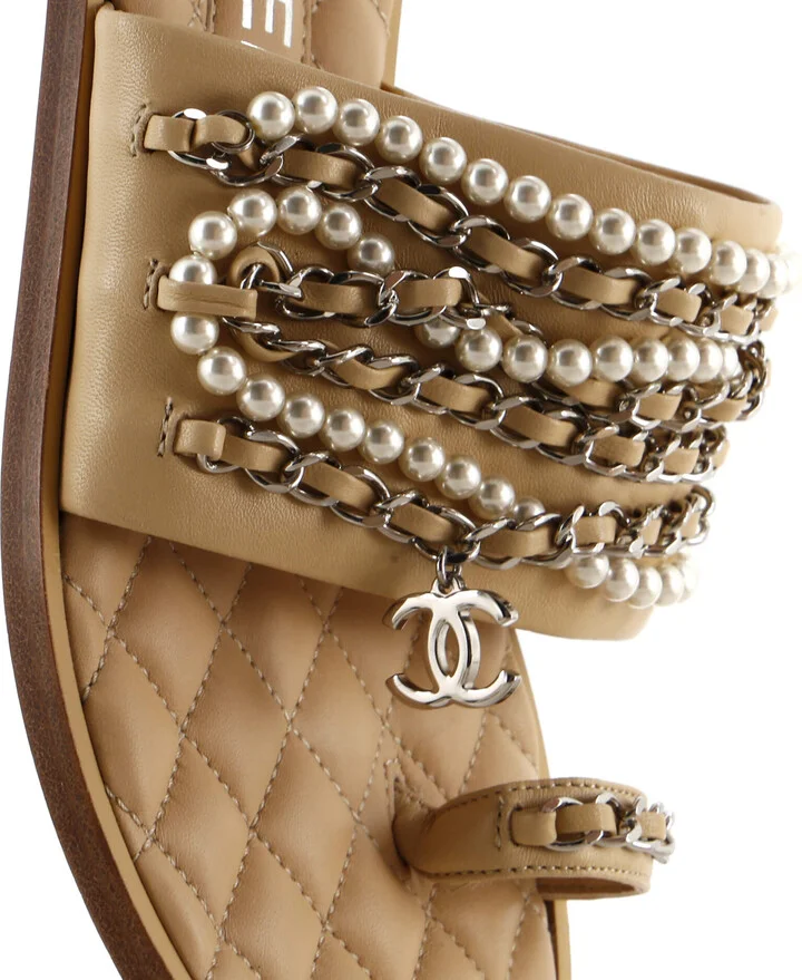 CHANEL Women's Pearl Chain Slipper Sandals Leather with Metal and Faux Pearls - Image 9