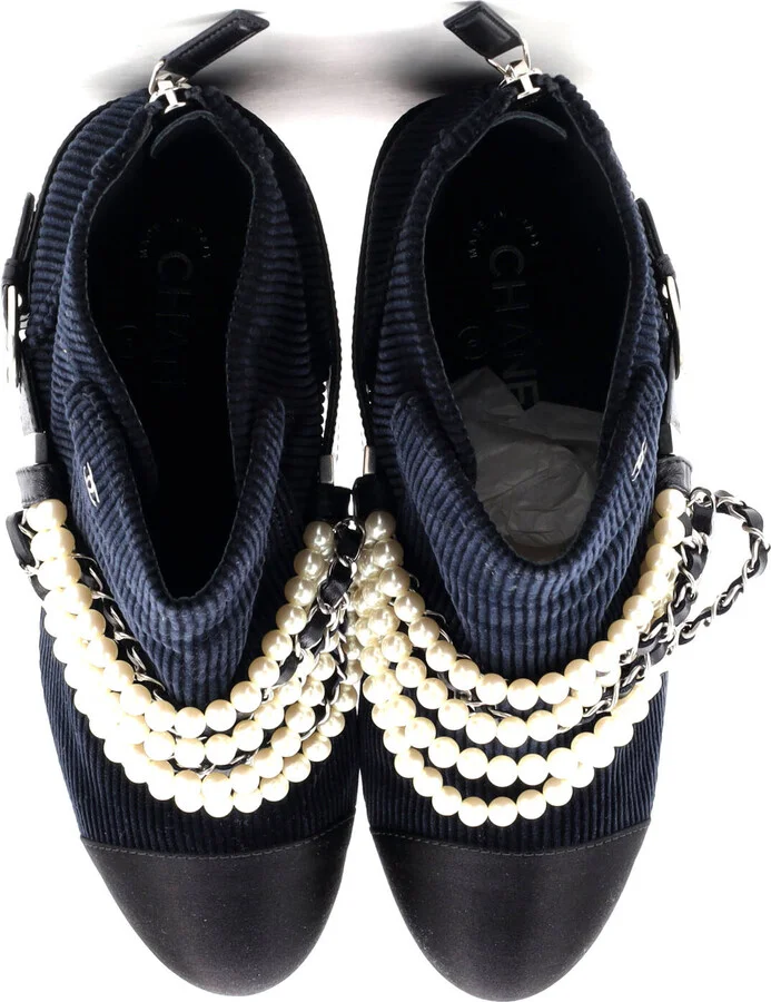 CHANEL Women's Pearl Chain Strap Ankle Boots Corduroy - Image 2