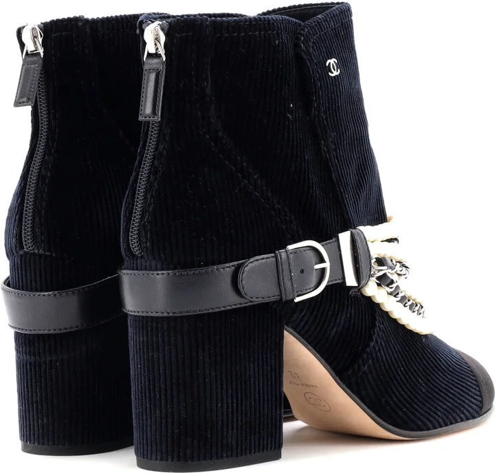 CHANEL Women's Pearl Chain Strap Ankle Boots Corduroy - Image 3