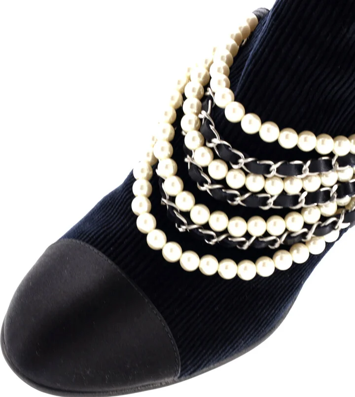 CHANEL Women's Pearl Chain Strap Ankle Boots Corduroy - Image 5