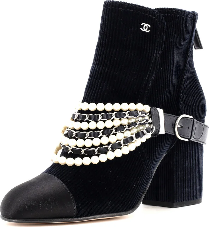 CHANEL Women's Pearl Chain Strap Ankle Boots Corduroy