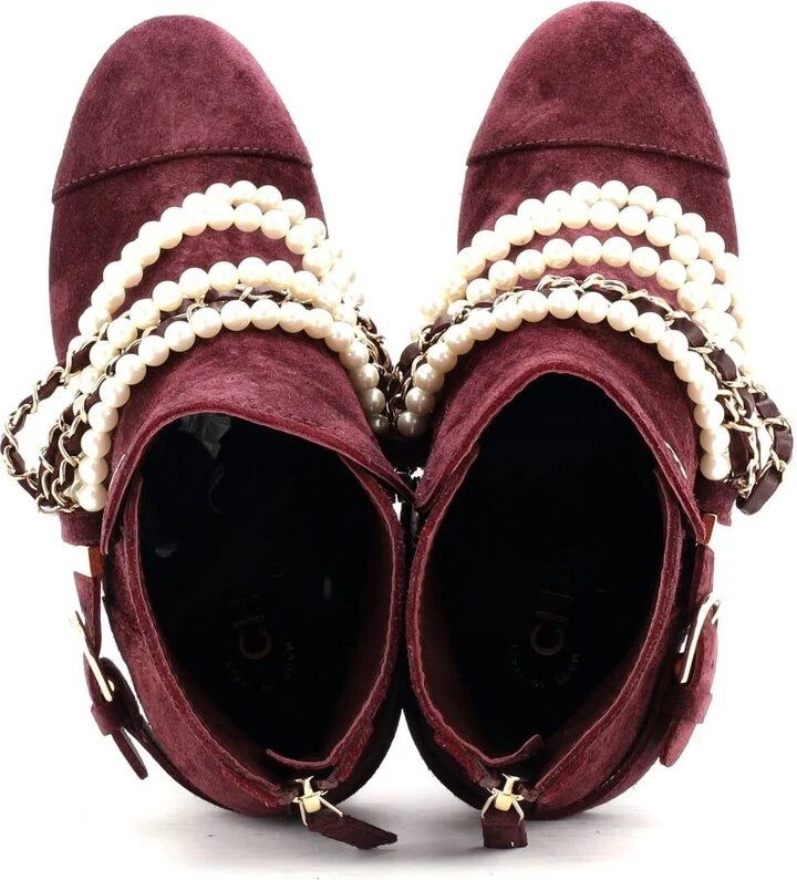 CHANEL Women's Pearl Chain Strap Ankle Boots Suede - Image 3
