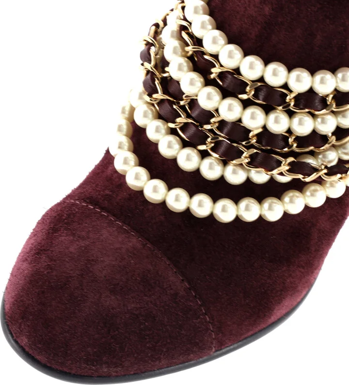 CHANEL Women's Pearl Chain Strap Ankle Boots Suede - Image 5