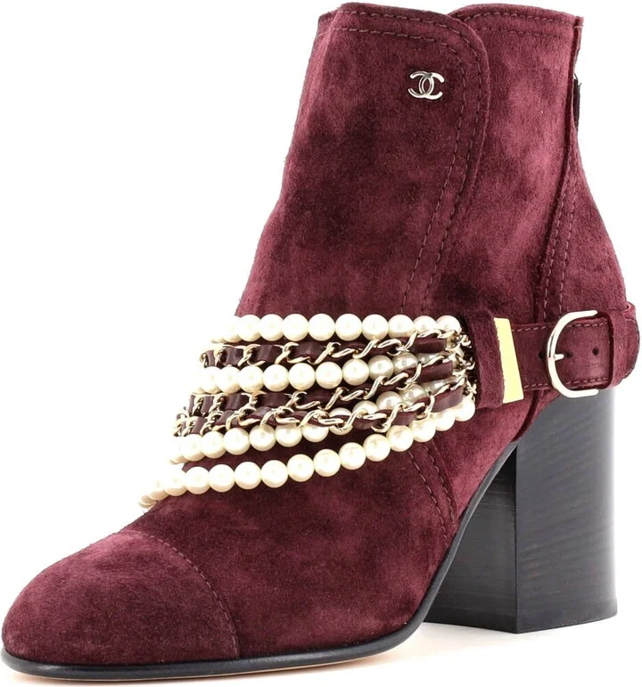 CHANEL Women's Pearl Chain Strap Ankle Boots Suede