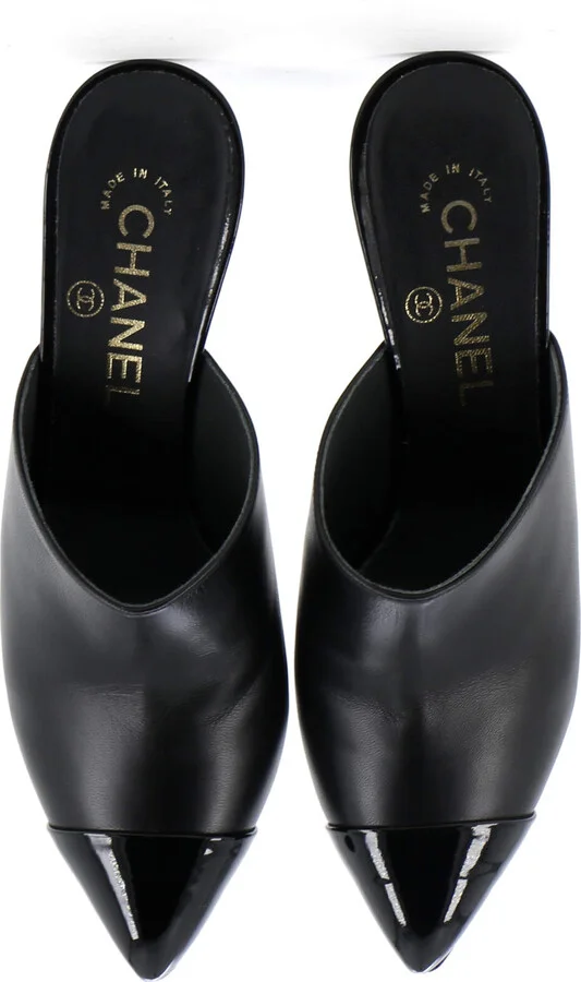 CHANEL Women's Pointed Toe Heeled Mules Leather with Faux Pearls - Image 2