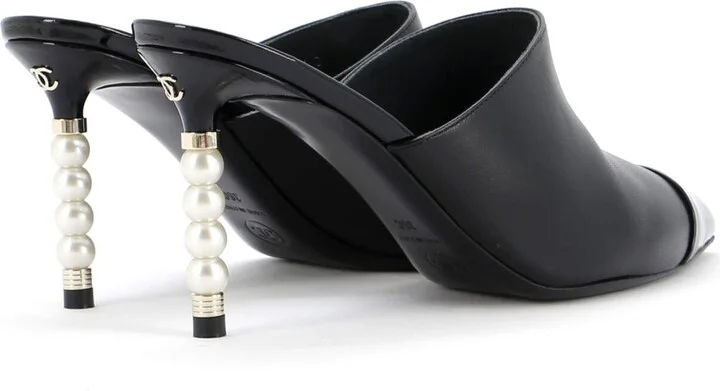 CHANEL Women's Pointed Toe Heeled Mules Leather with Faux Pearls - Image 3