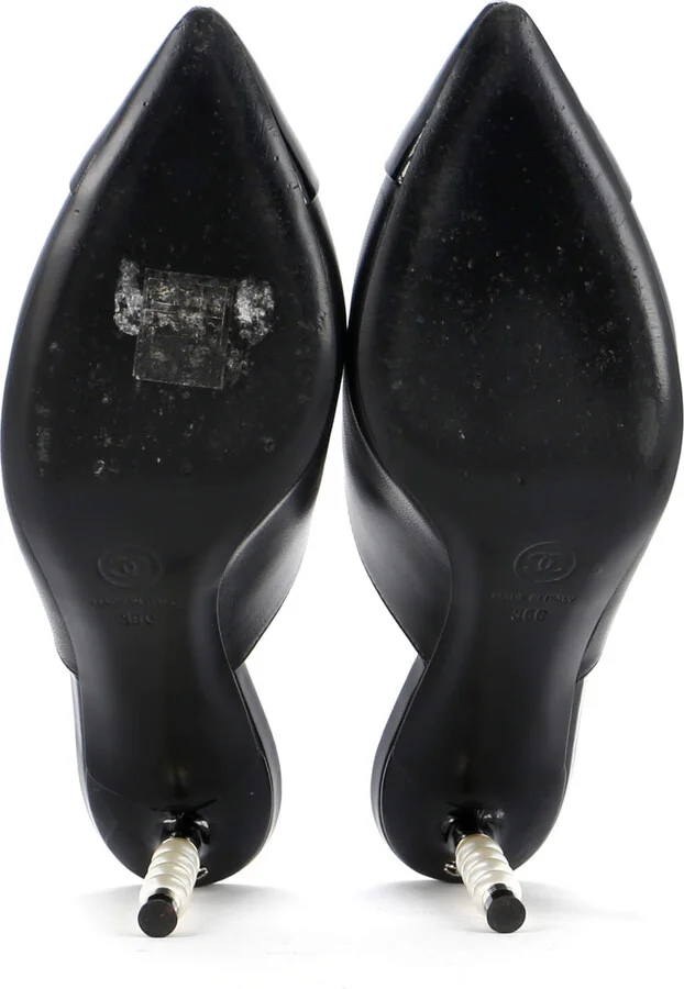 CHANEL Women's Pointed Toe Heeled Mules Leather with Faux Pearls - Image 4