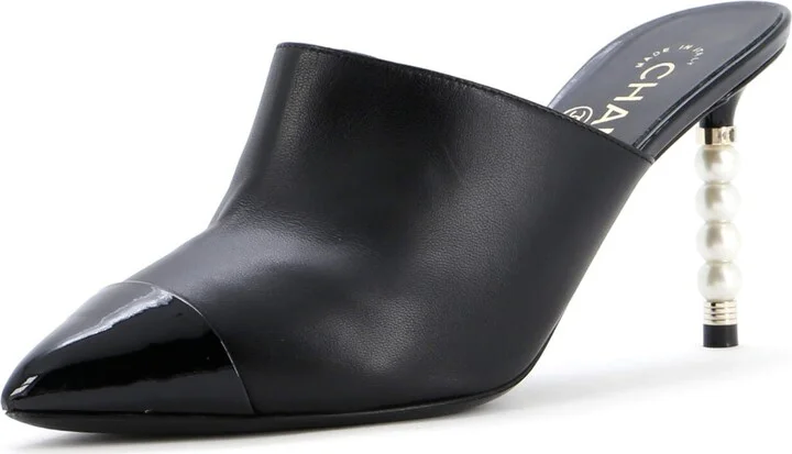 CHANEL Women's Pointed Toe Heeled Mules Leather with Faux Pearls