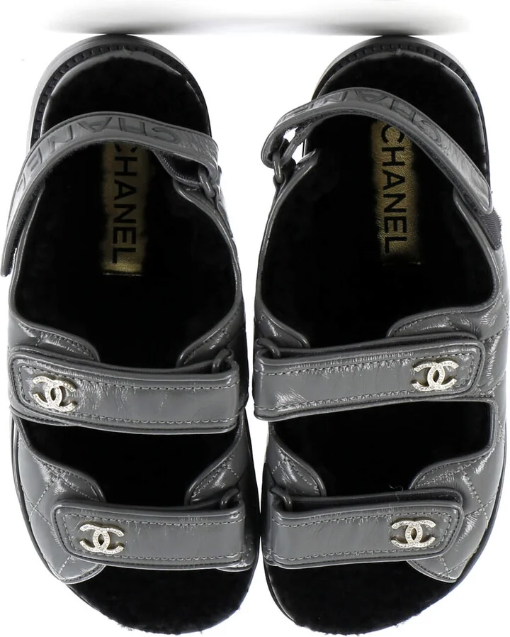 CHANEL Women's Velcro Dad Sandals Leather and Shearling - Image 2