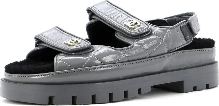 CHANEL Women's Velcro Dad Sandals Leather and Shearling