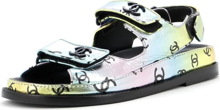 CHANEL Women's Velcro Dad Sandals Printed Laminated Leather