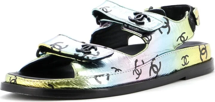 CHANEL Women's Velcro Dad Sandals Printed Laminated Leather
