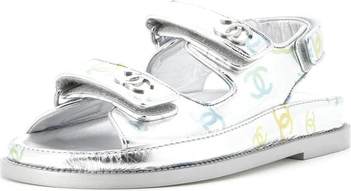 CHANEL Women's Velcro Dad Sandals Printed Laminated Leather