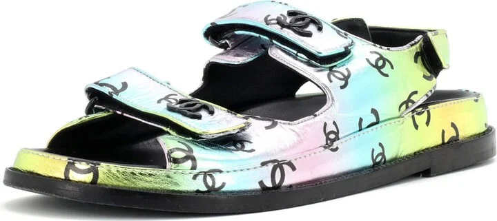 CHANEL Women's Velcro Dad Sandals Printed Laminated Leather