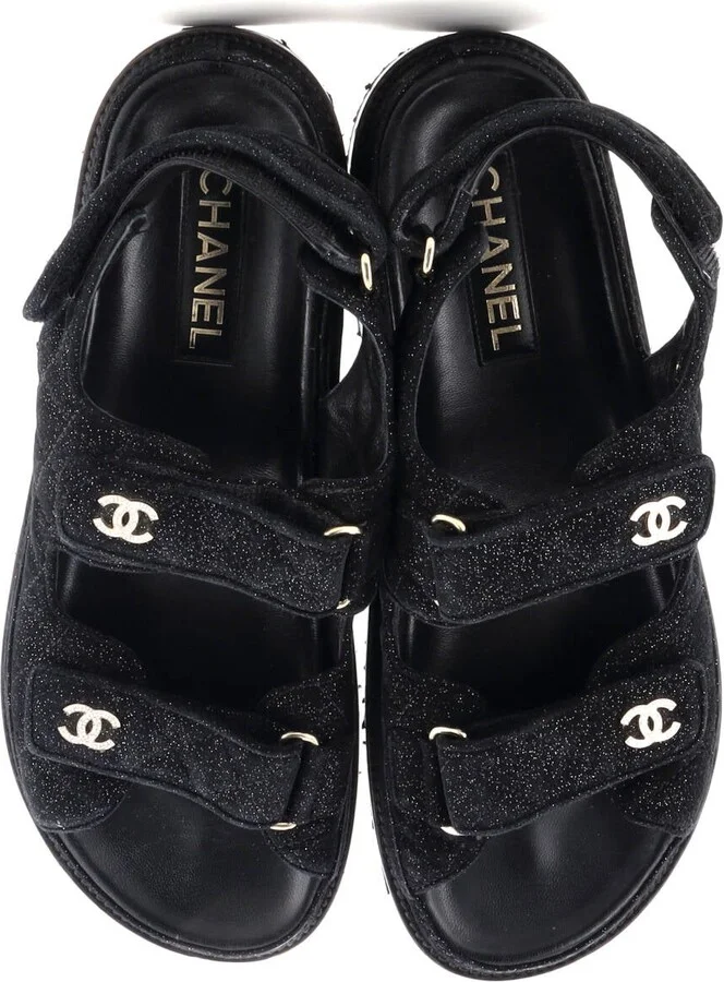CHANEL Women's Velcro Dad Sandals Quilted Glitter Suede - Image 2