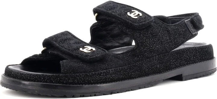 CHANEL Women's Velcro Dad Sandals Quilted Glitter Suede