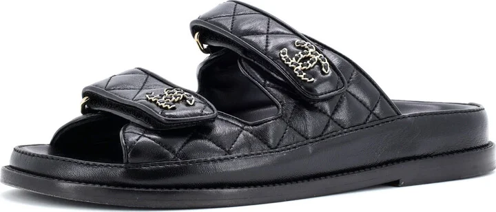 CHANEL Women's Velcro Open Back Dad Sandals Quilted Leather
