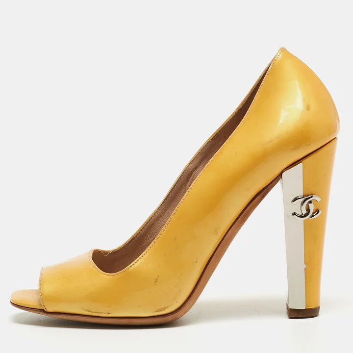 Chanel Yellow Patent Leather Peep Toe Block Heel Pumps Size 36
