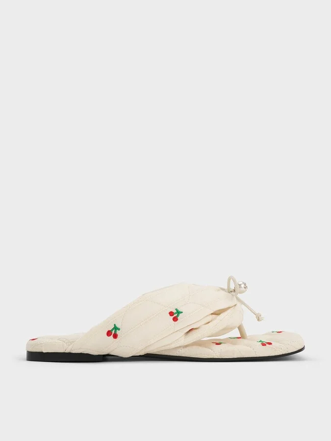 Charles & Keith - Cherry-Print Pearl-Accent Square-Toe Sandals