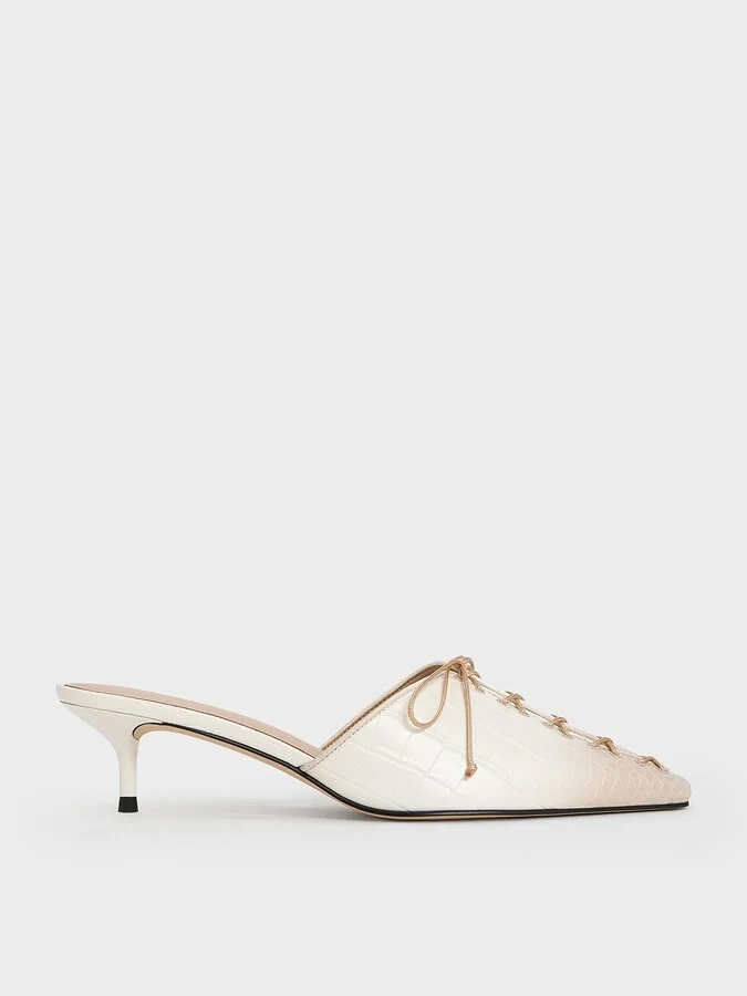 Charles & Keith - Croc-Effect Lace-Up Pointed-Toe Kitten-Heel Mules