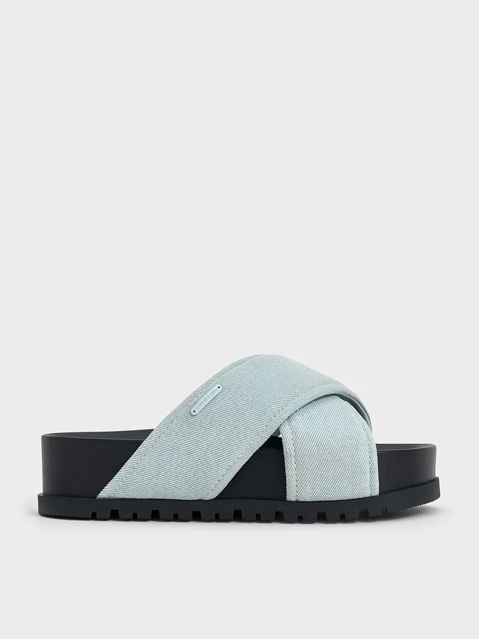 Charles & Keith - Denim Crossover-Strap Flatform Sandals