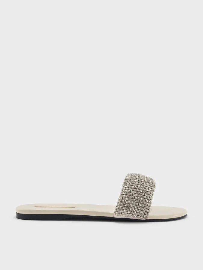 Charles & Keith - Faux Suede Crystal-Embellished Slide Sandals