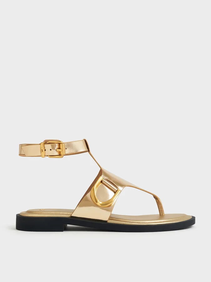 Charles & Keith - Gabine Metallic Leather Ankle-Strap Thong Sandals