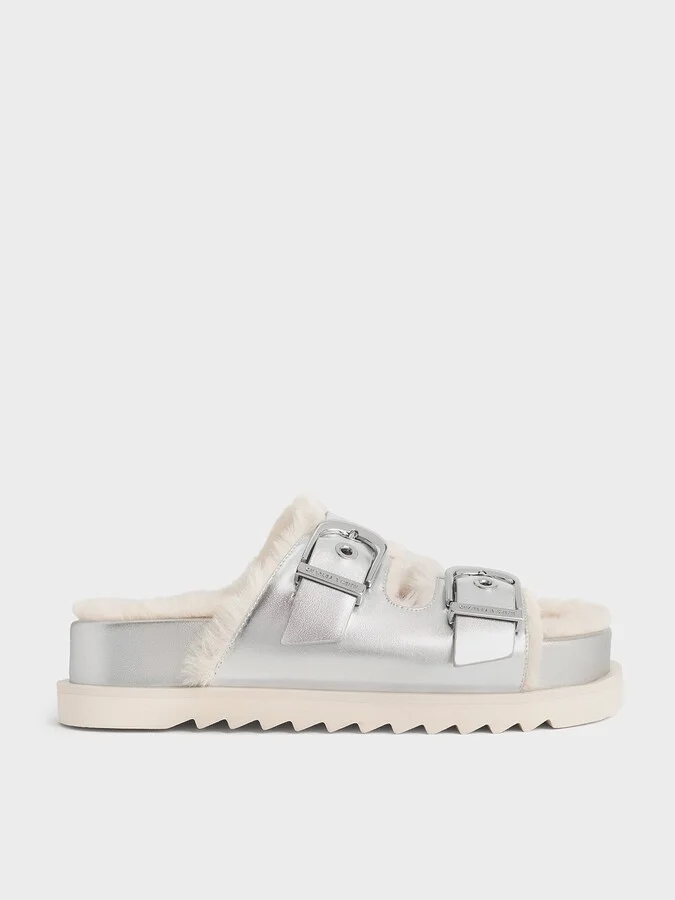 Charles & Keith - Hannah Metallic Furry Buckled Double-Strap Sandals