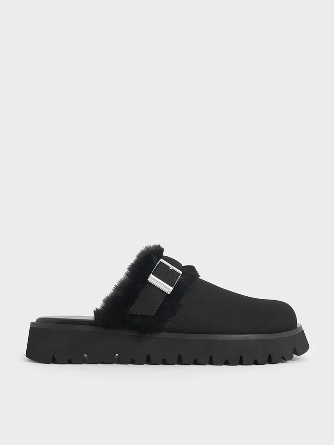 Charles & Keith - Hannah Textured Fur-Trim Buckled Mules