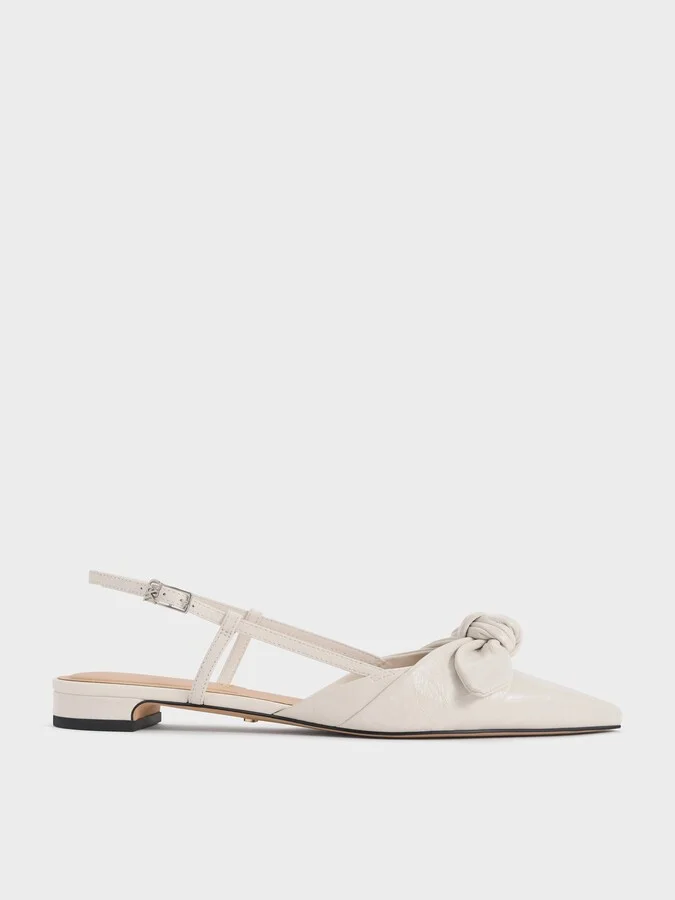 Charles & Keith - Jayce Leather Crinkle-Effect Knot-Bow Slingback Flats
