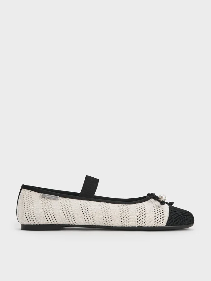 Charles & Keith - Knitted Pearl-Accent Bow Ballet Flats