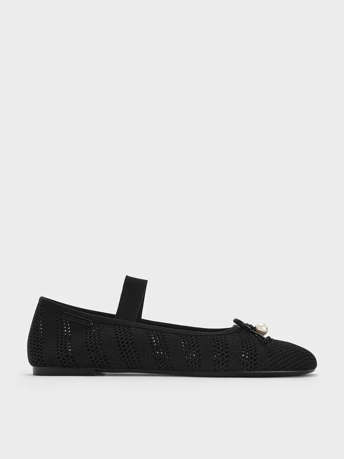 Charles & Keith - Knitted Pearl-Accent Bow Ballet Flats