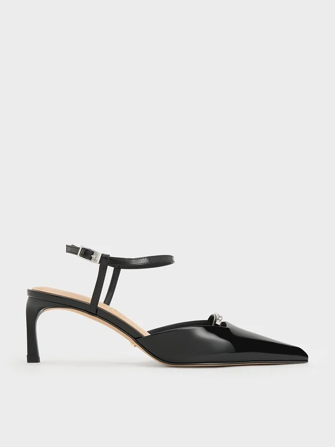 Charles & Keith - Leather Kitten-Heel Ankle-Strap Pointed-Toe Pumps