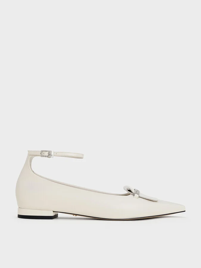 Charles & Keith - Leather Metallic-Accent Pointed-Toe Ankle-Strap Flats