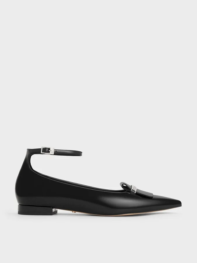 Charles & Keith - Leather Metallic-Accent Pointed-Toe Ankle-Strap Flats
