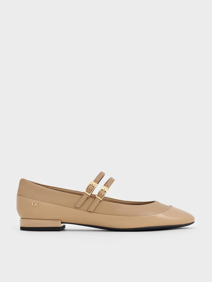 Charles & Keith - Leather & Patent Double-Strap Mary Jane Flats