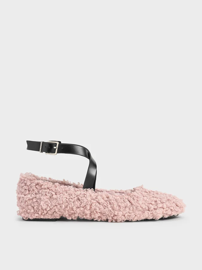 Charles & Keith - Margot Furry Crossover-Strap Ballet Flats