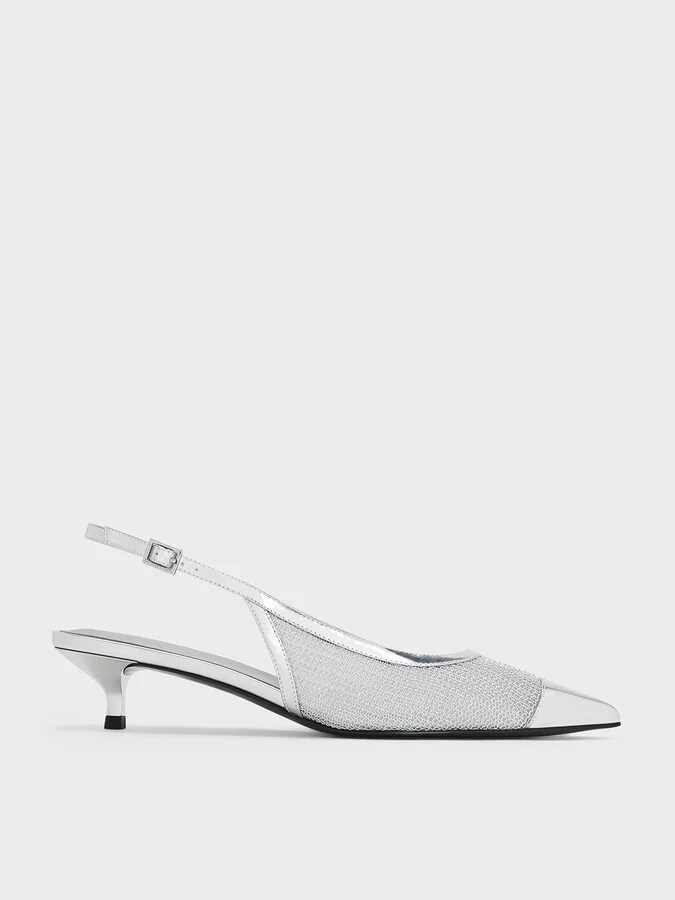 Charles & Keith - Mesh Metallic Cap-Toe Kitten-Heel Pumps