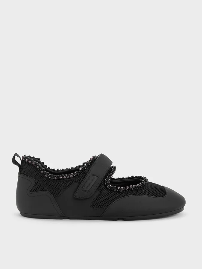 Charles & Keith - Mesh Pearl-Embellished Mary Jane Sneakers