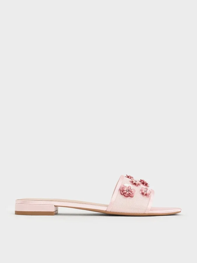 Charles & Keith - Mesh & Satin Sequin-Flower Slide Sandals