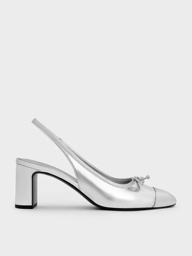 Charles & Keith - Metallic Bow Cap-Toe Slingback Pumps