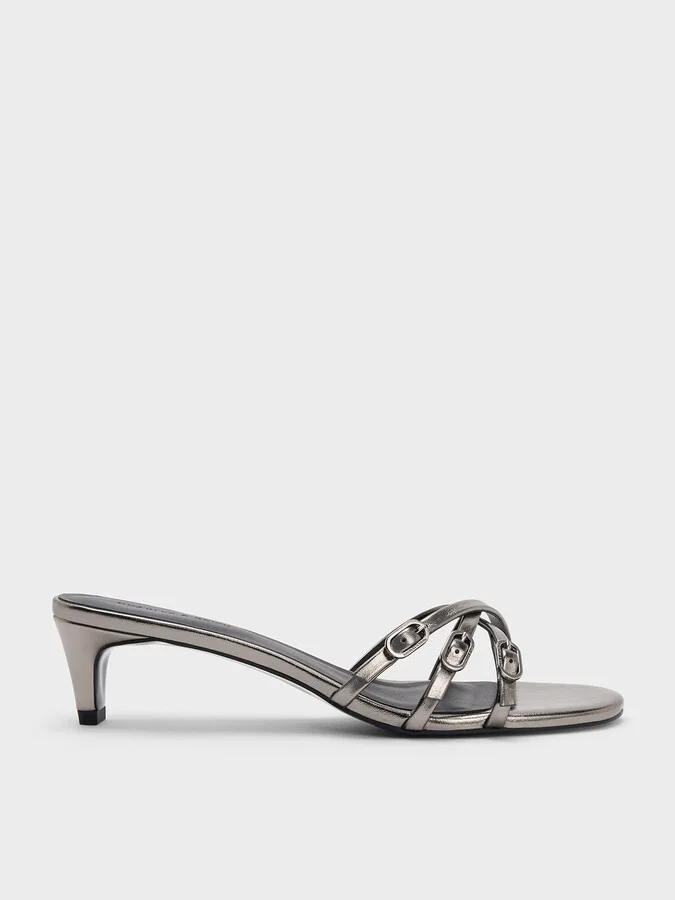 Charles & Keith - Metallic Buckled Strappy Kitten-Heel Mules